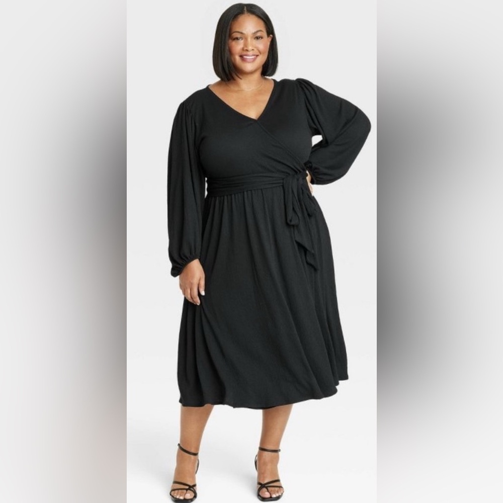 Women's Balloon Long Sleeve Knit V-Neck Faux Wrap Midi Dress - Ava & Viv Black